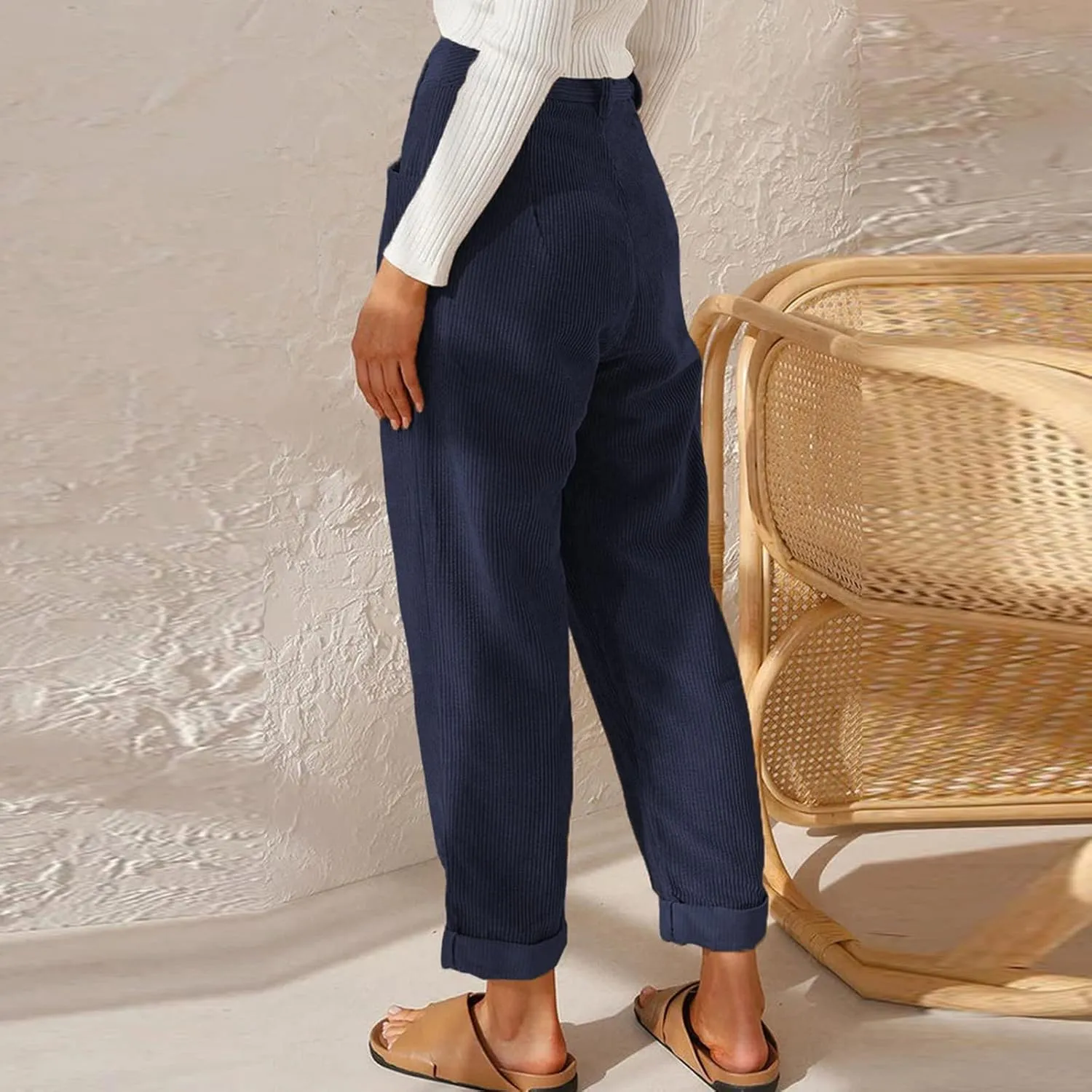 Corduroy Pants Women Baggy Loose Fit Straight Leg Pants Elastic High Waisted Pants Button Work Trousers with Pockets