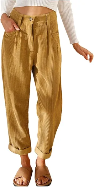 Corduroy Pants Women Baggy Loose Fit Straight Leg Pants Elastic High Waisted Pants Button Work Trousers with Pockets
