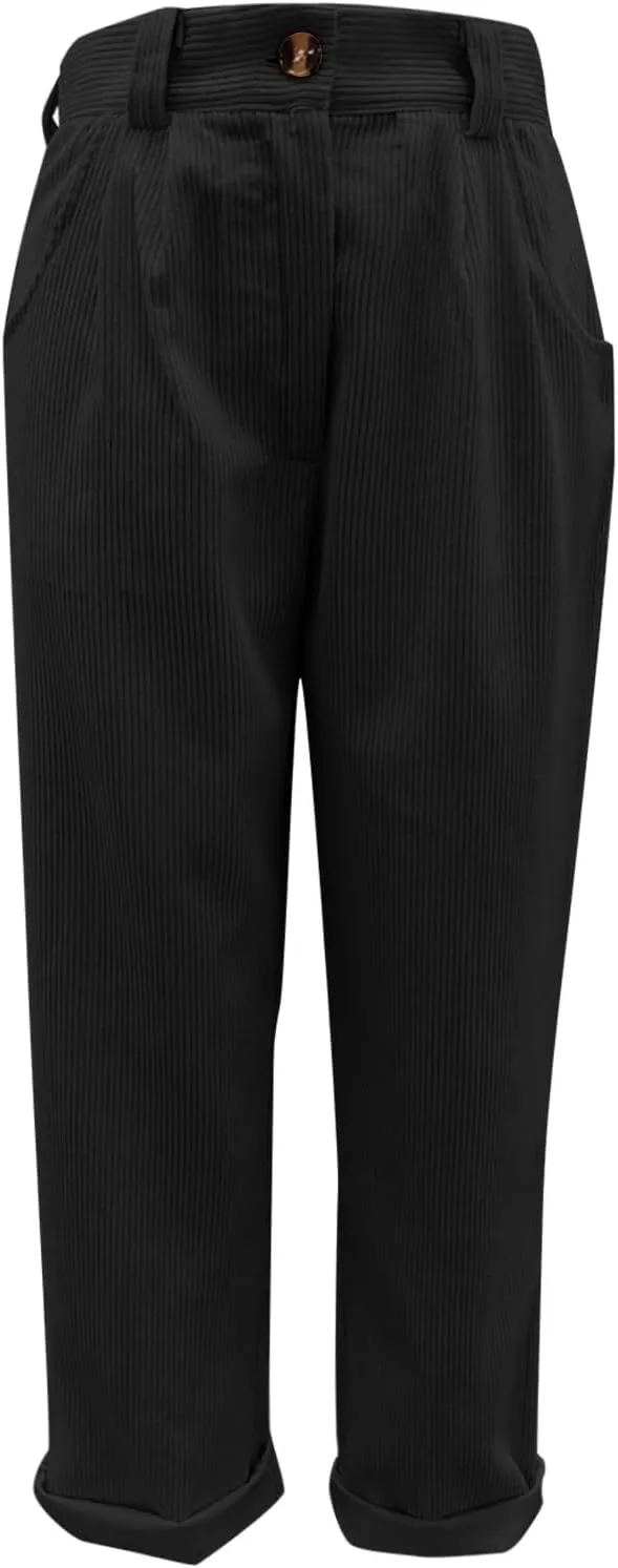Corduroy Pants Women Baggy Loose Fit Straight Leg Pants Elastic High Waisted Pants Button Work Trousers with Pockets