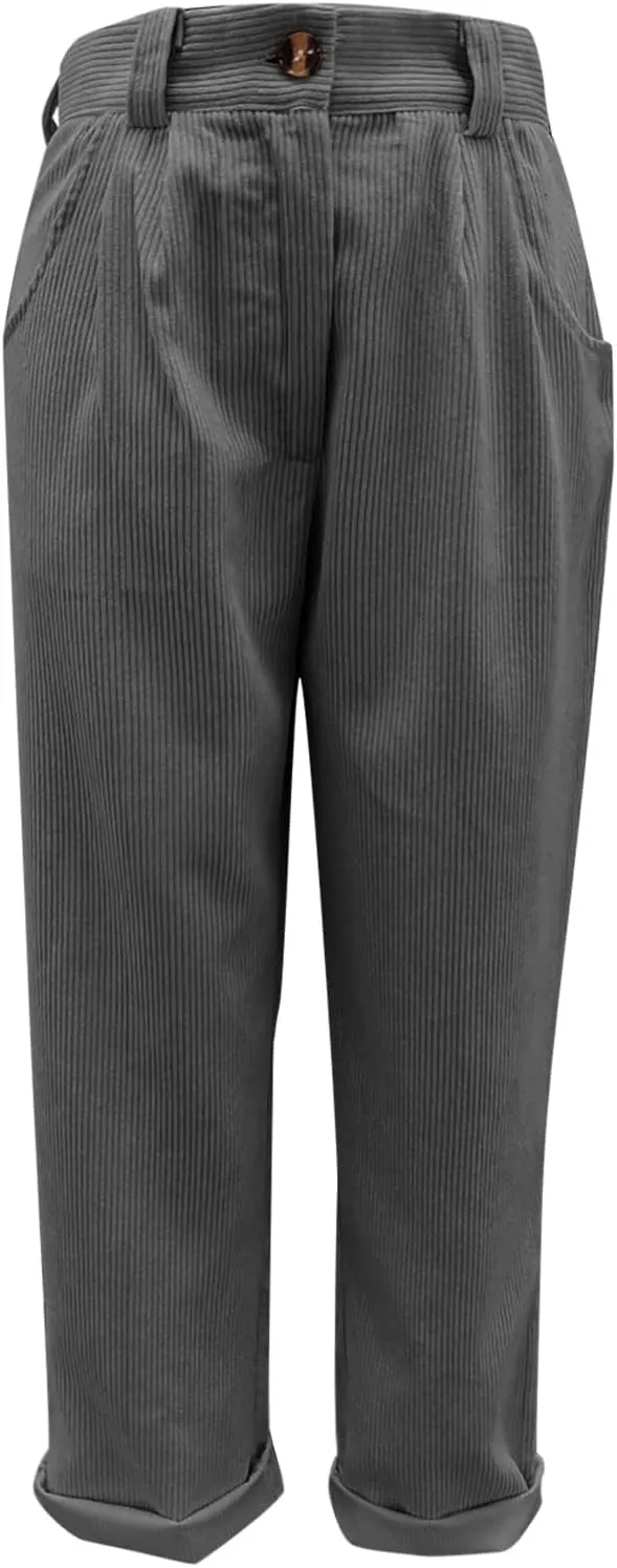 Corduroy Pants Women Baggy Loose Fit Straight Leg Pants Elastic High Waisted Pants Button Work Trousers with Pockets