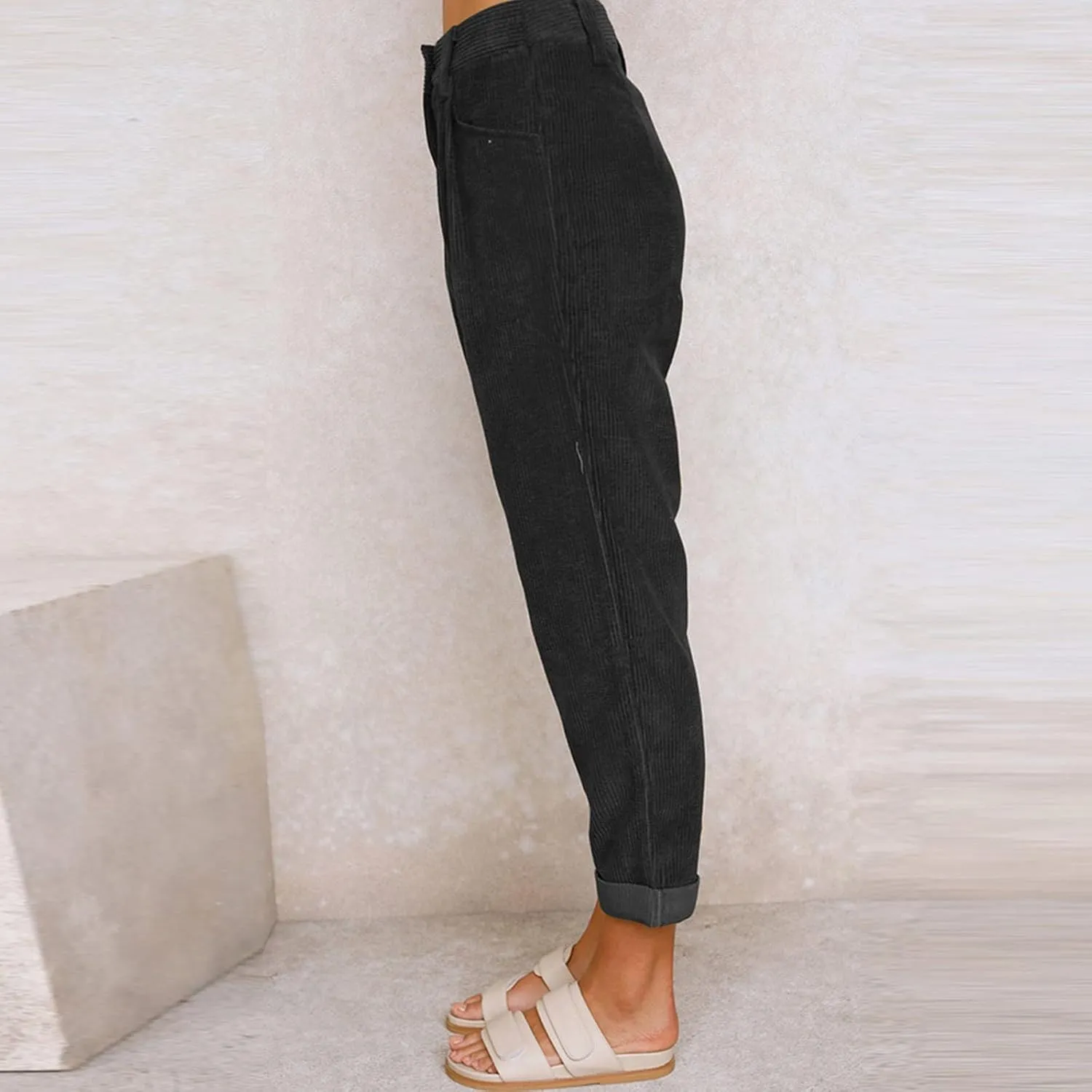 Corduroy Pants Women Baggy Loose Fit Straight Leg Pants Elastic High Waisted Pants Button Work Trousers with Pockets