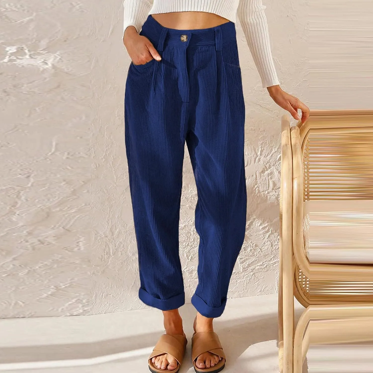 Corduroy Pants Women Baggy Loose Fit Straight Leg Pants Elastic High Waisted Pants Button Work Trousers with Pockets