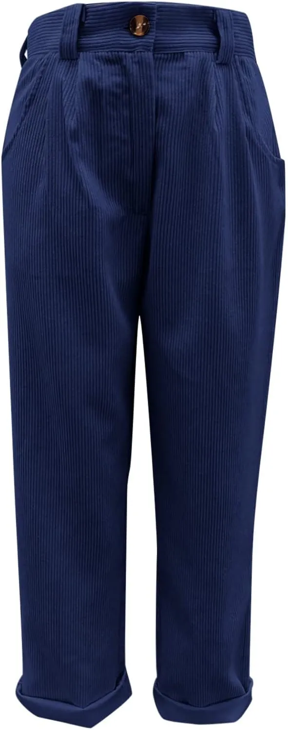 Corduroy Pants Women Baggy Loose Fit Straight Leg Pants Elastic High Waisted Pants Button Work Trousers with Pockets
