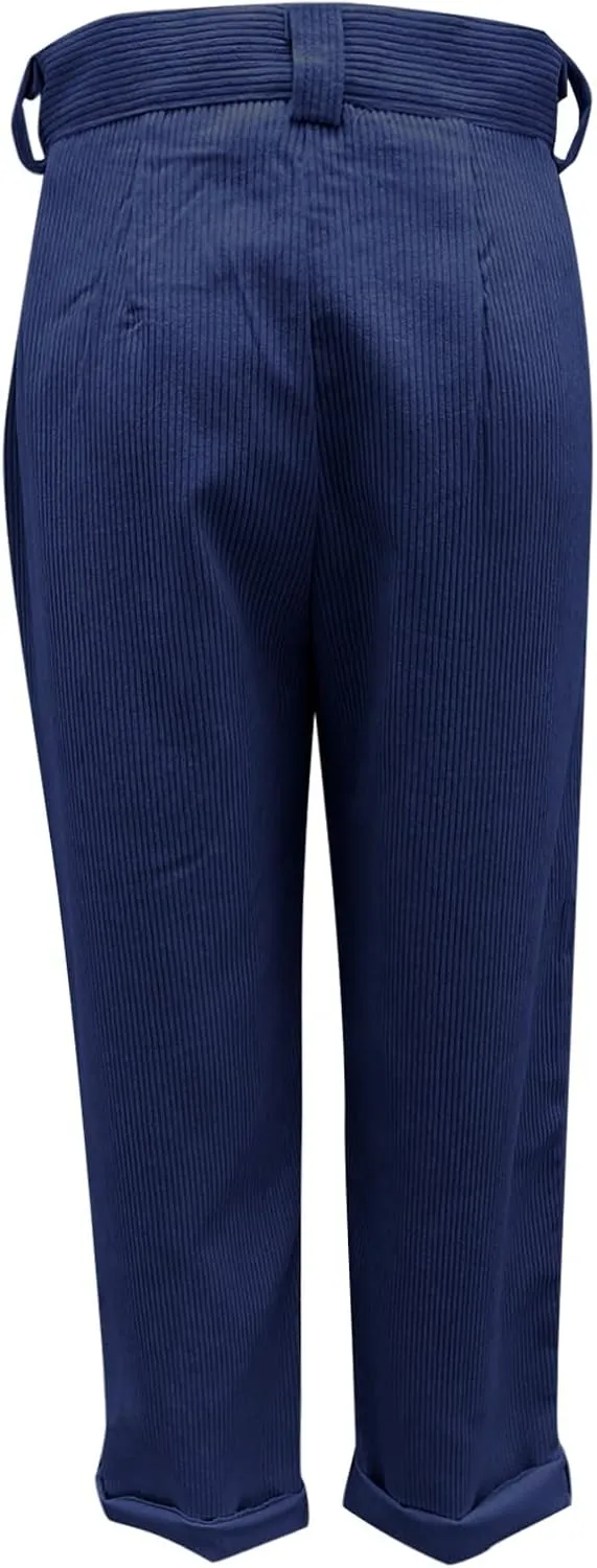 Corduroy Pants Women Baggy Loose Fit Straight Leg Pants Elastic High Waisted Pants Button Work Trousers with Pockets