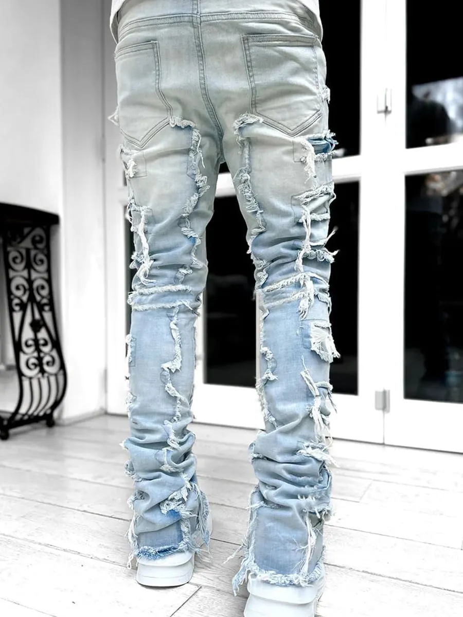 CosTribe Men's Stacked Jeans Slim Fit Ripped Jeans Destroyed Straight Denim Pants Harajuku Hip Hop Trouser Streetwear