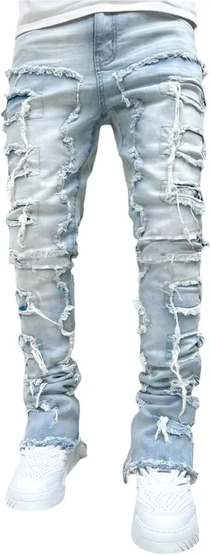 CosTribe Men's Stacked Jeans Slim Fit Ripped Jeans Destroyed Straight Denim Pants Harajuku Hip Hop Trouser Streetwear