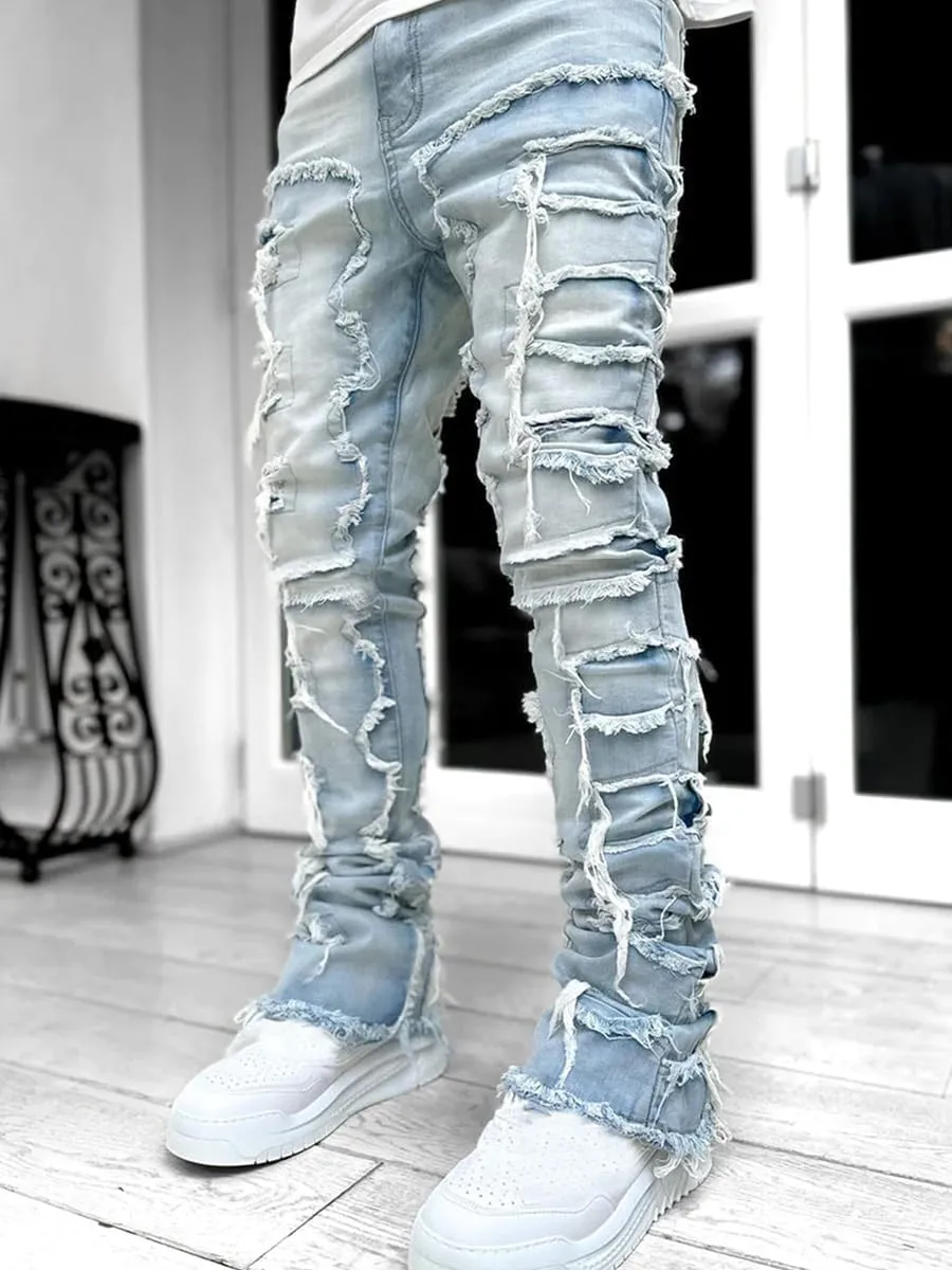 CosTribe Men's Stacked Jeans Slim Fit Ripped Jeans Destroyed Straight Denim Pants Harajuku Hip Hop Trouser Streetwear