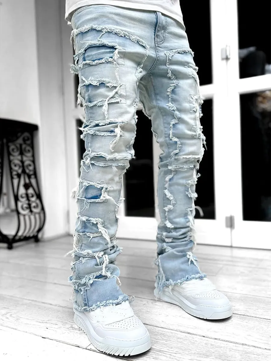 CosTribe Men's Stacked Jeans Slim Fit Ripped Jeans Destroyed Straight Denim Pants Harajuku Hip Hop Trouser Streetwear