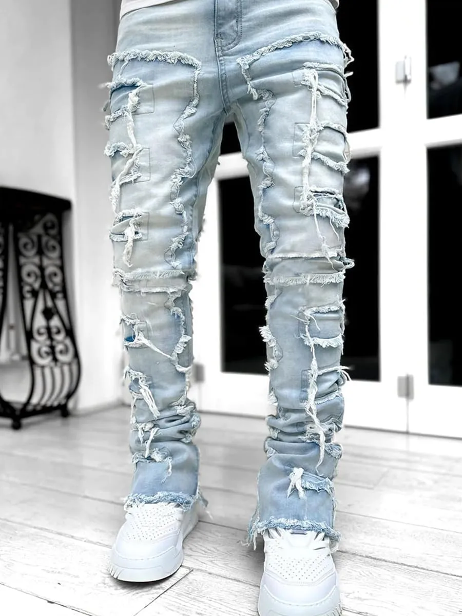 CosTribe Men's Stacked Jeans Slim Fit Ripped Jeans Destroyed Straight Denim Pants Harajuku Hip Hop Trouser Streetwear
