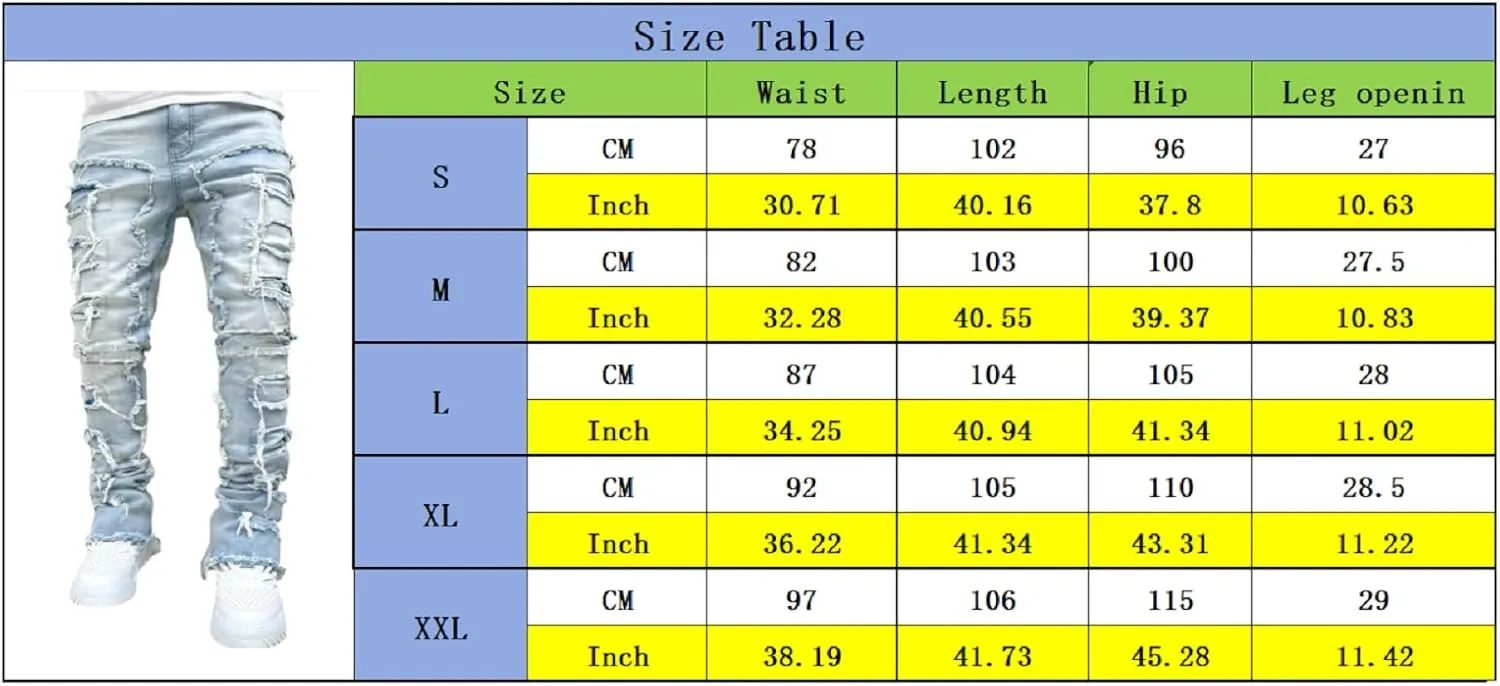 CosTribe Men's Stacked Jeans Slim Fit Ripped Jeans Destroyed Straight Denim Pants Harajuku Hip Hop Trouser Streetwear