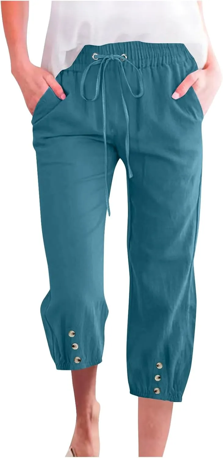 Cotton Linen Pants for Women Summer Elastic Waist Solid Capris Pants Straight Wide Leg Cropped Trousers