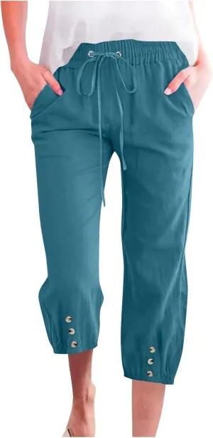 Cotton Linen Pants for Women Summer Elastic Waist Solid Capris Pants Straight Wide Leg Cropped Trousers