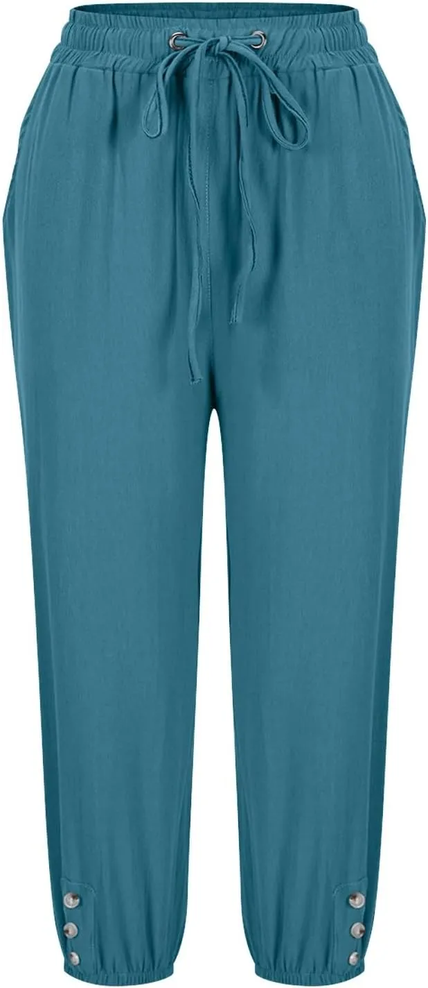 Cotton Linen Pants for Women Summer Elastic Waist Solid Capris Pants Straight Wide Leg Cropped Trousers