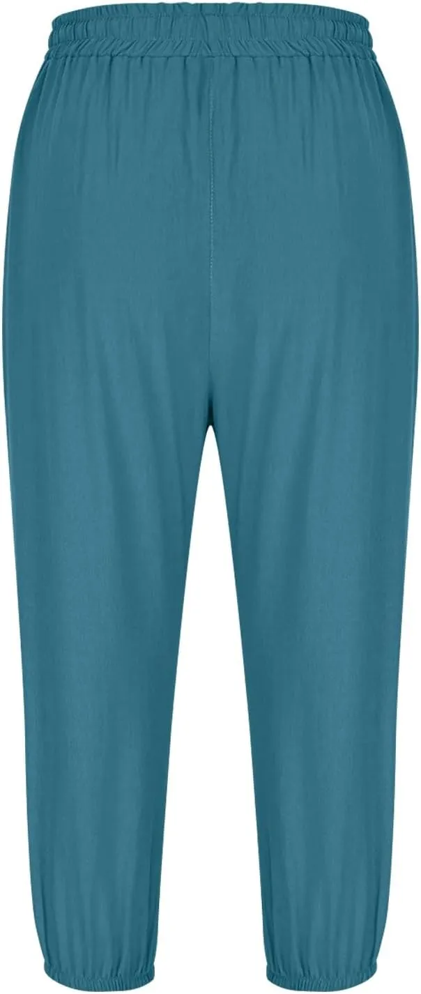 Cotton Linen Pants for Women Summer Elastic Waist Solid Capris Pants Straight Wide Leg Cropped Trousers