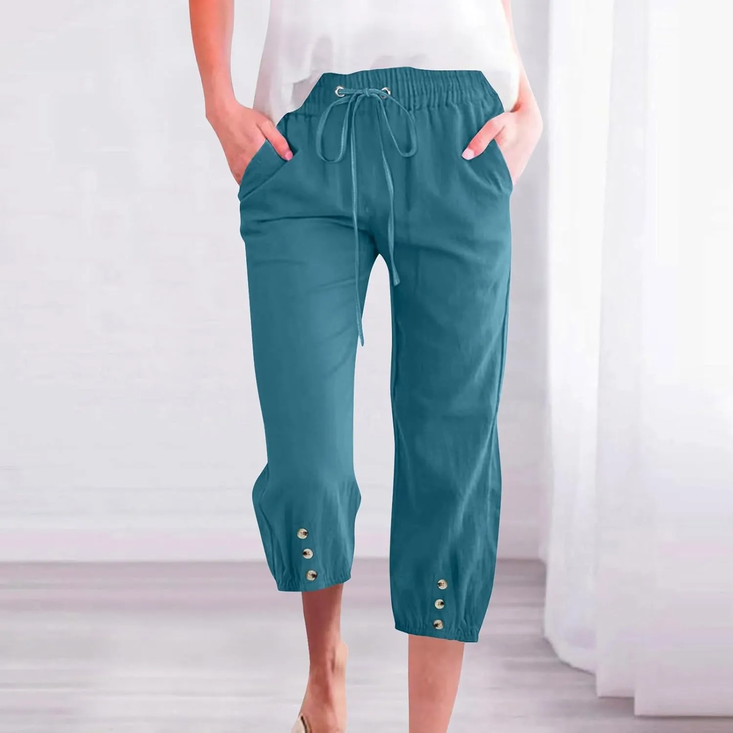 Cotton Linen Pants for Women Summer Elastic Waist Solid Capris Pants Straight Wide Leg Cropped Trousers