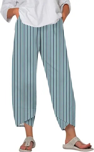 Cotton Linen Pants Women Petite Boho Summer Casual Baggy Beach Capris Lounge Lightweight Loose Fit Harem Trousers