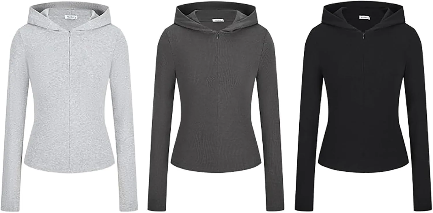 Cotton Rib Zip up Hoodie, Womens Zip Up Hoodie Cropped Sweatshirts Fleece Jackets Fitted Sweatshirt Jacket Women