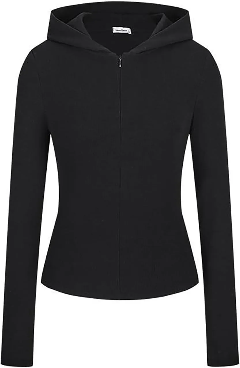 Cotton Rib Zip up Hoodie, Womens Zip Up Hoodie Cropped Sweatshirts Fleece Jackets Fitted Sweatshirt Jacket Women