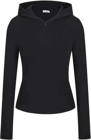 Cotton Rib Zip up Hoodie, Womens Zip Up Hoodie Cropped Sweatshirts Fleece Jackets Fitted Sweatshirt Jacket Women
