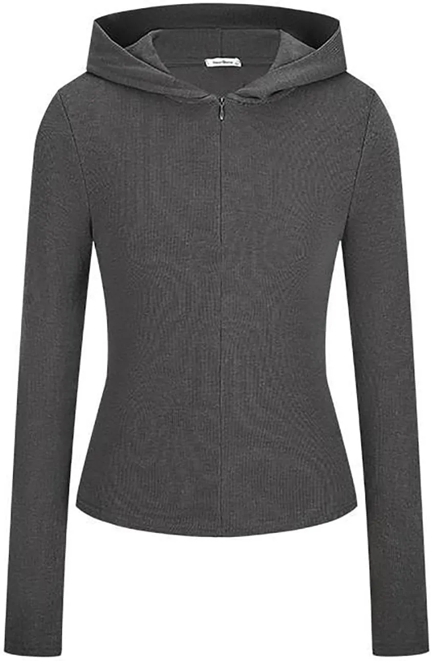 Cotton Rib Zip up Hoodie, Womens Zip Up Hoodie Cropped Sweatshirts Fleece Jackets Fitted Sweatshirt Jacket Women
