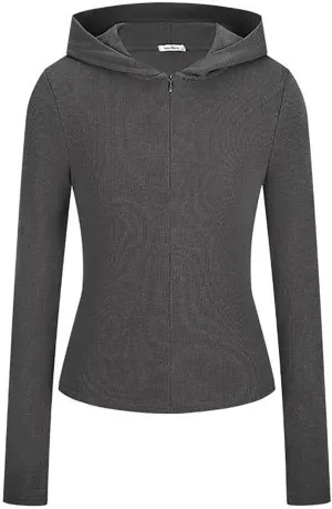 Cotton Rib Zip up Hoodie, Womens Zip Up Hoodie Cropped Sweatshirts Fleece Jackets Fitted Sweatshirt Jacket Women