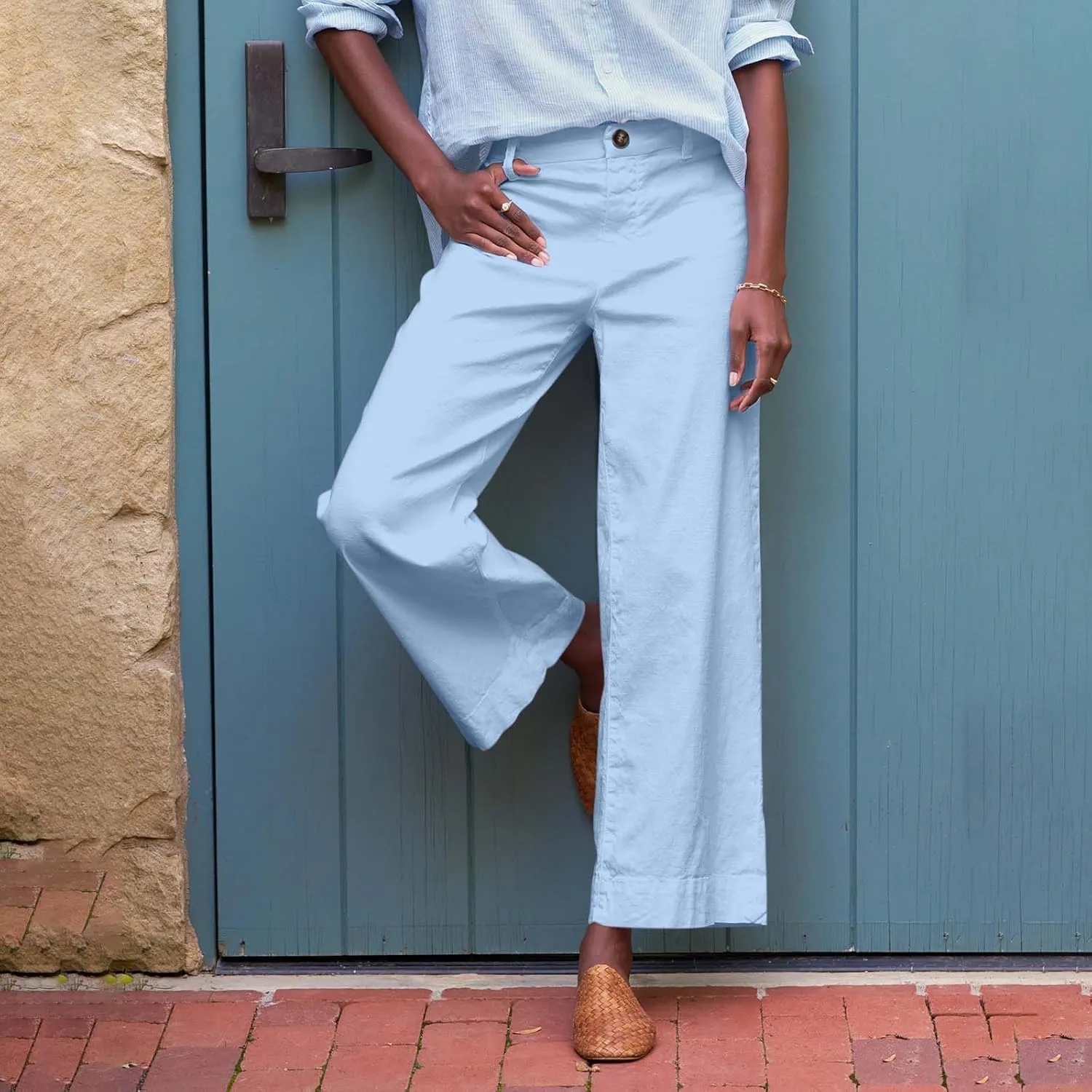 Cropped Linen Pants Women High Waisted Flare Wide Leg Capri Work Pants Business Casual Ankle Pants with Pockets