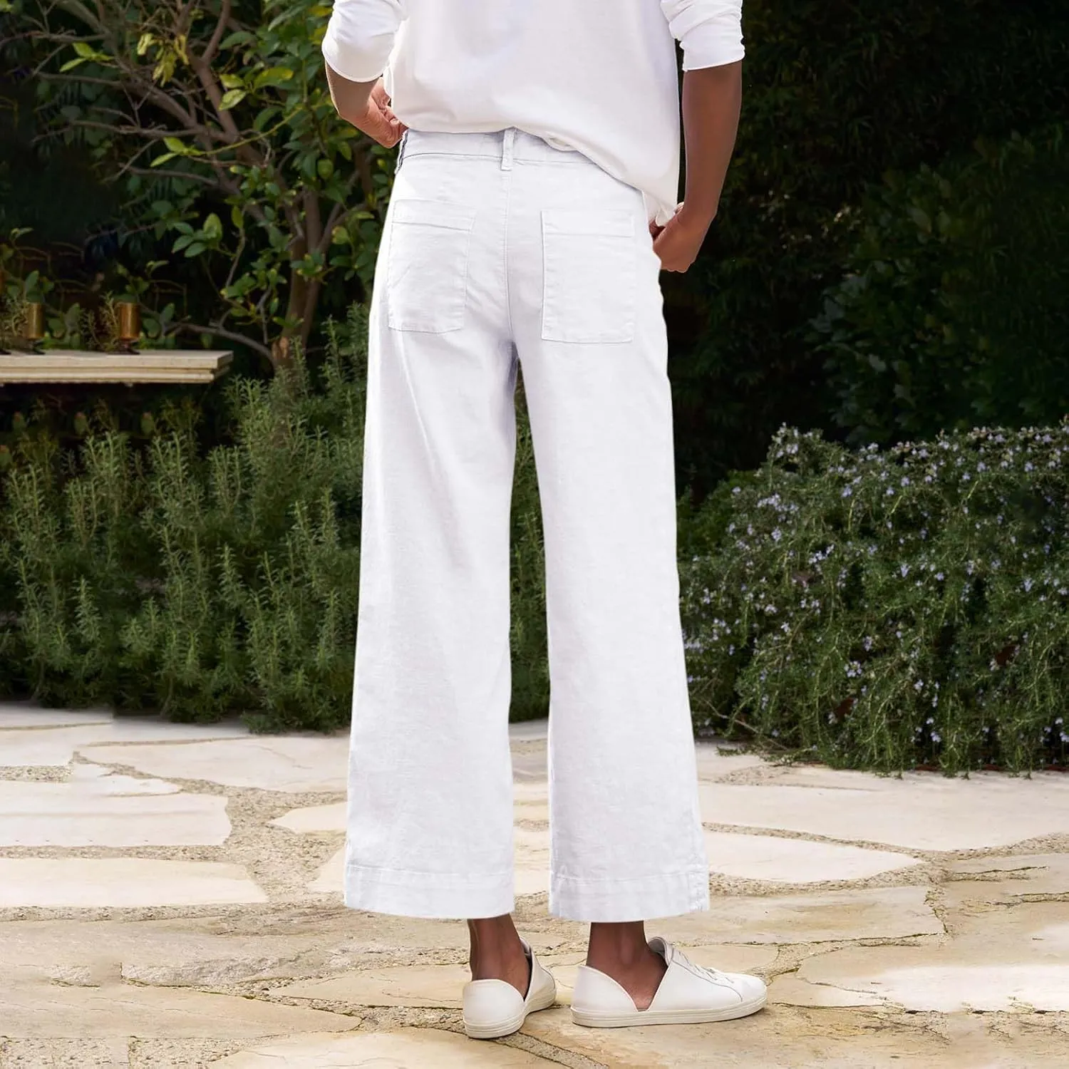 Cropped Linen Pants Women High Waisted Flare Wide Leg Capri Work Pants Business Casual Ankle Pants with Pockets