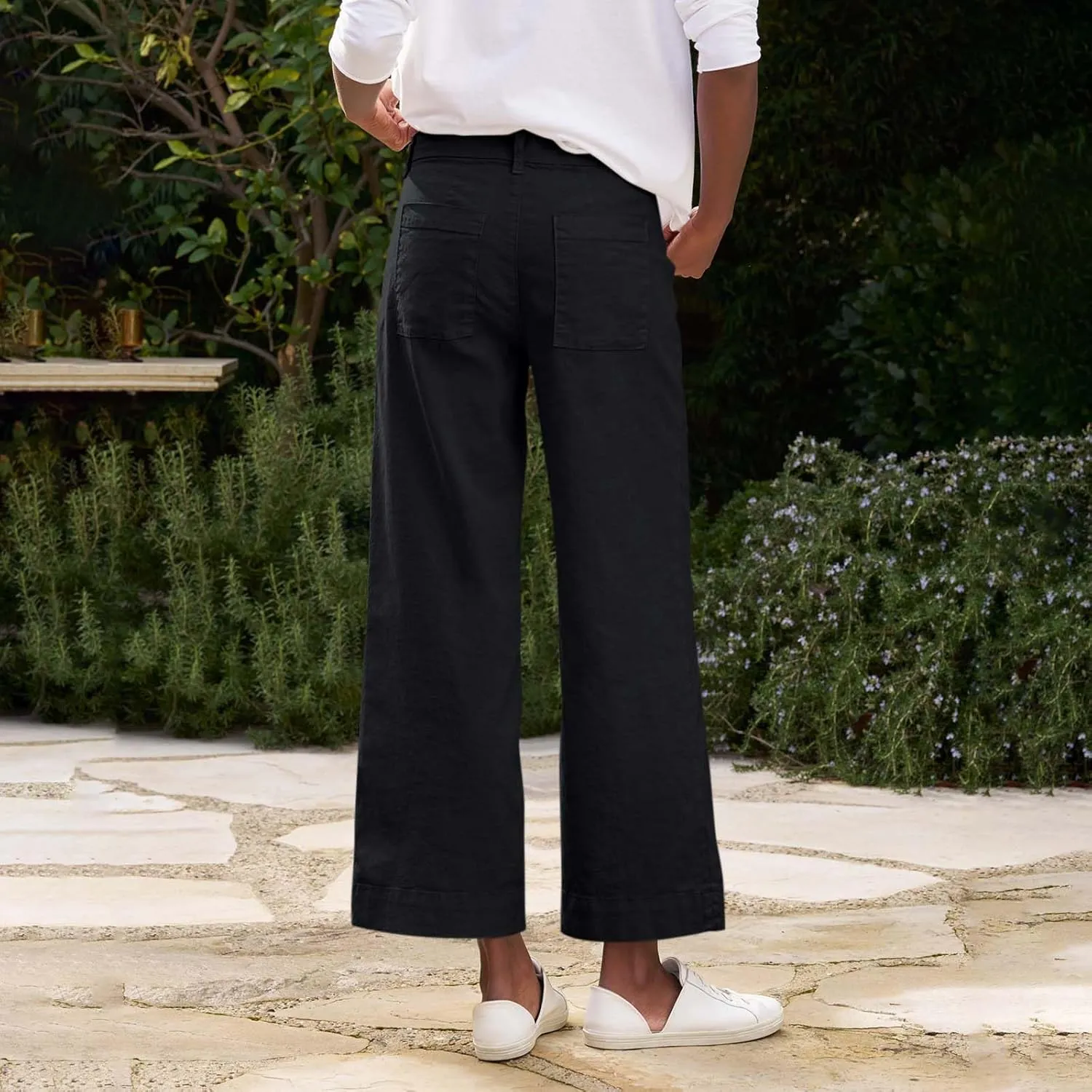Cropped Linen Pants Women High Waisted Flare Wide Leg Capri Work Pants Business Casual Ankle Pants with Pockets