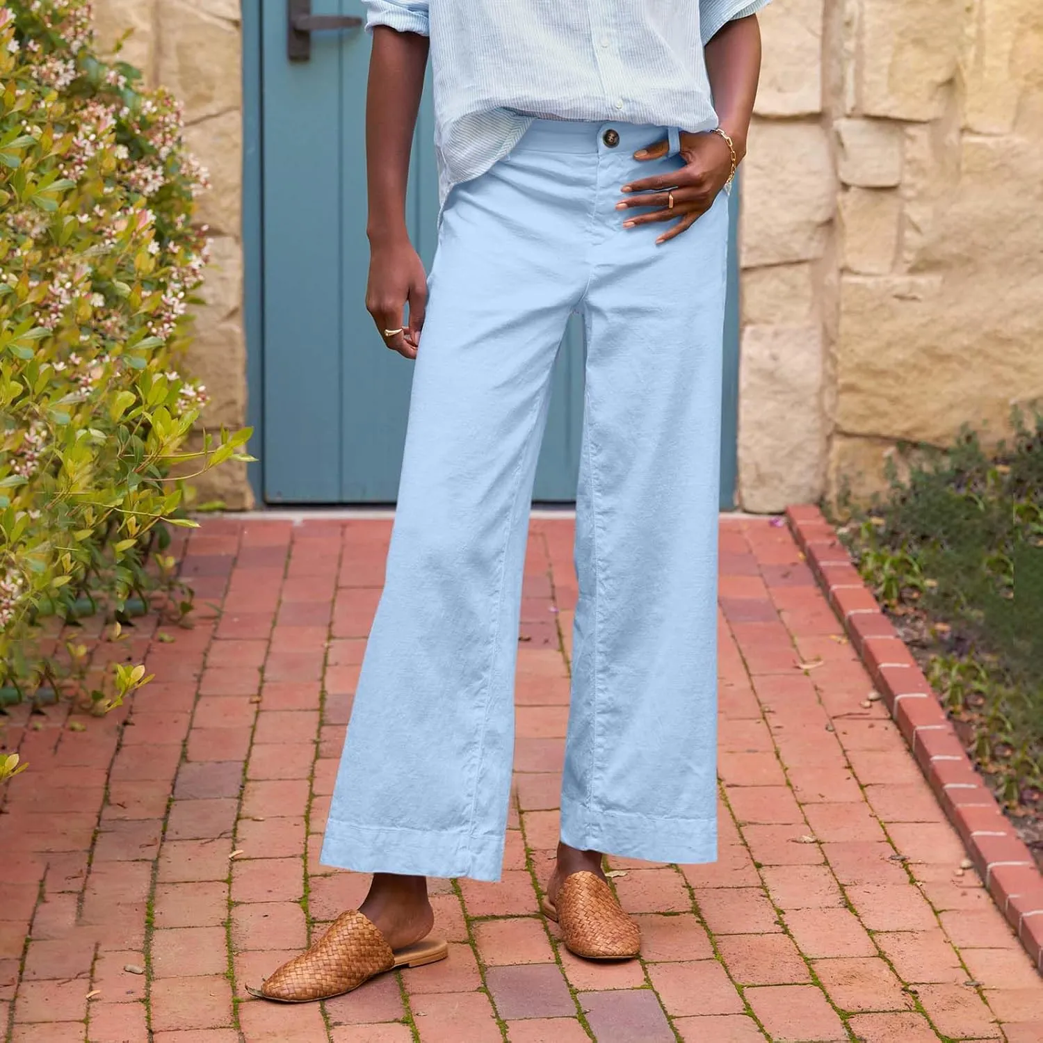 Cropped Linen Pants Women High Waisted Flare Wide Leg Capri Work Pants Business Casual Ankle Pants with Pockets