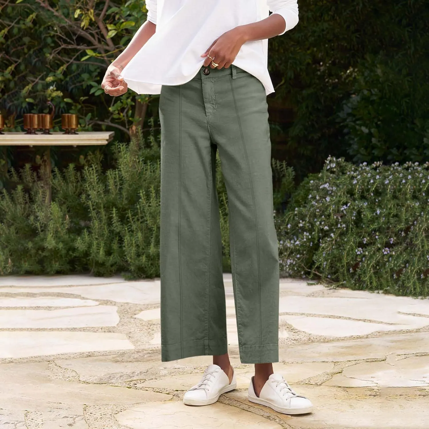 Cropped Linen Pants Women High Waisted Flare Wide Leg Capri Work Pants Business Casual Ankle Pants with Pockets