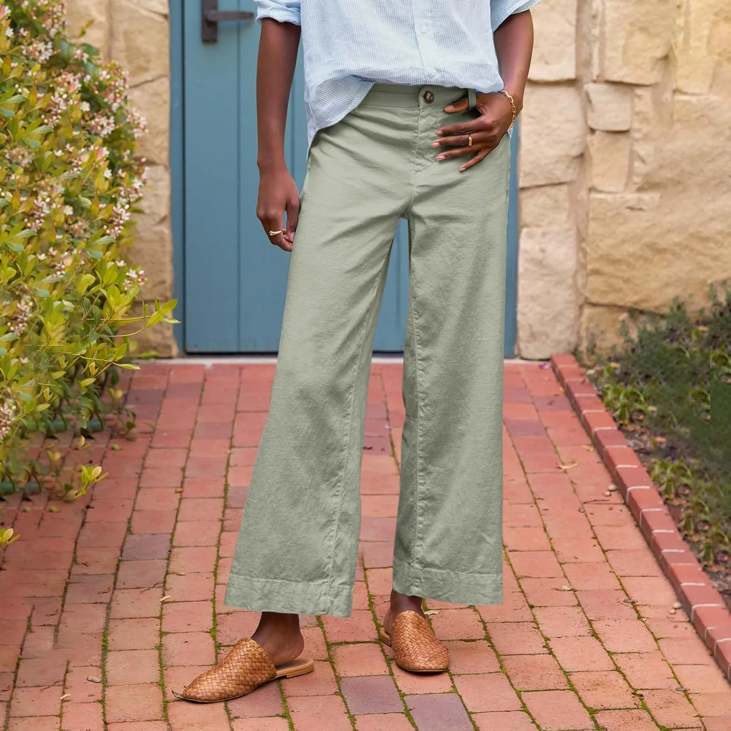 Cropped Linen Pants Women High Waisted Flare Wide Leg Capri Work Pants Business Casual Ankle Pants with Pockets