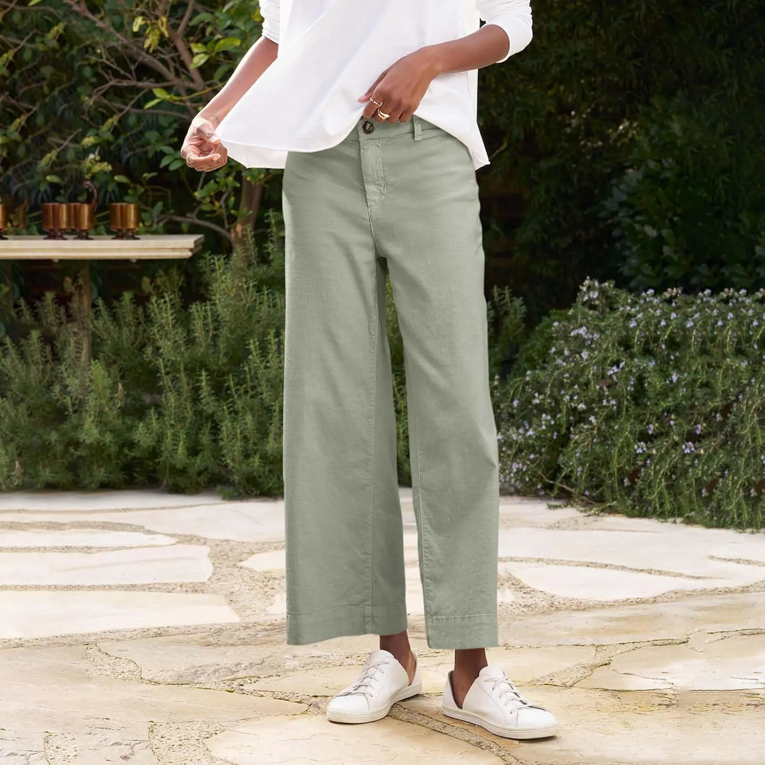 Cropped Linen Pants Women High Waisted Flare Wide Leg Capri Work Pants Business Casual Ankle Pants with Pockets