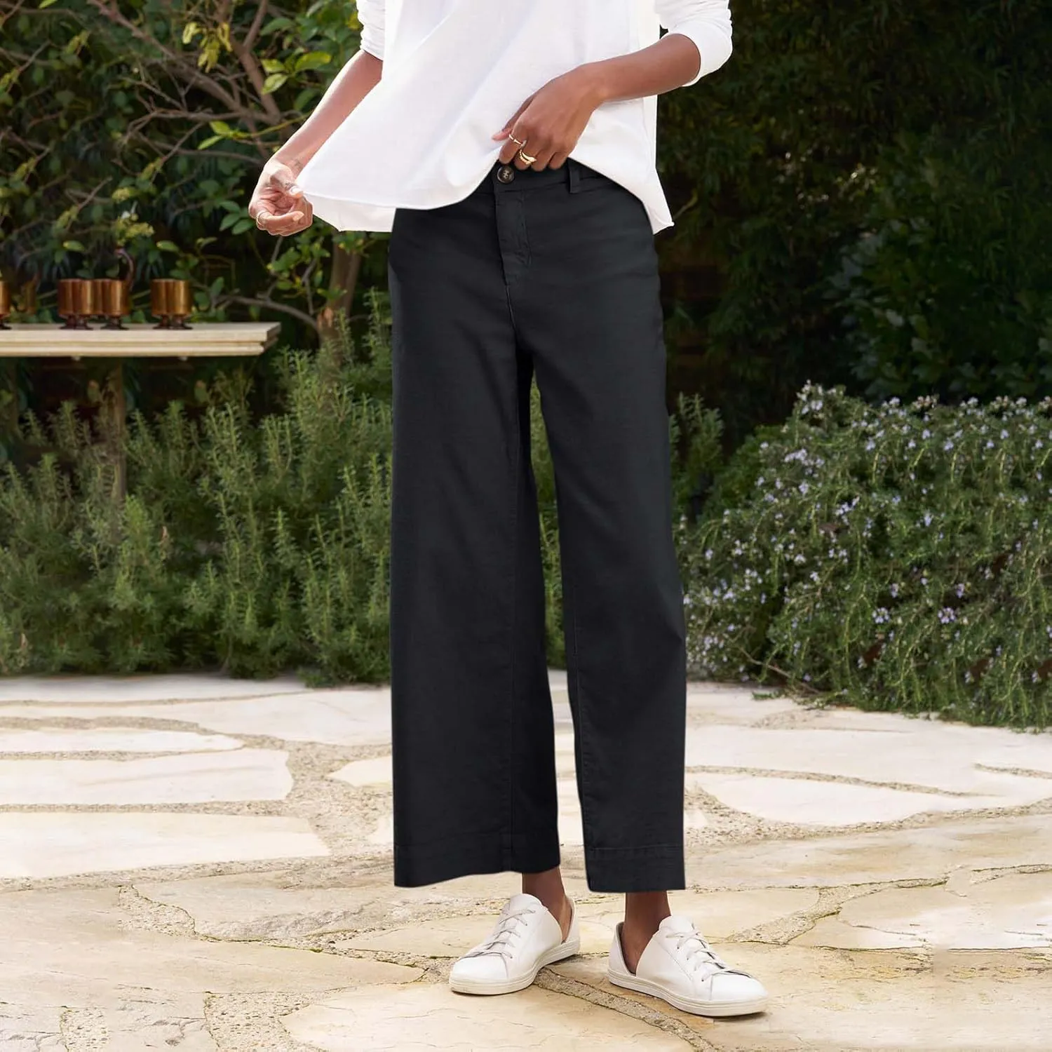 Cropped Linen Pants Women High Waisted Flare Wide Leg Capri Work Pants Business Casual Ankle Pants with Pockets