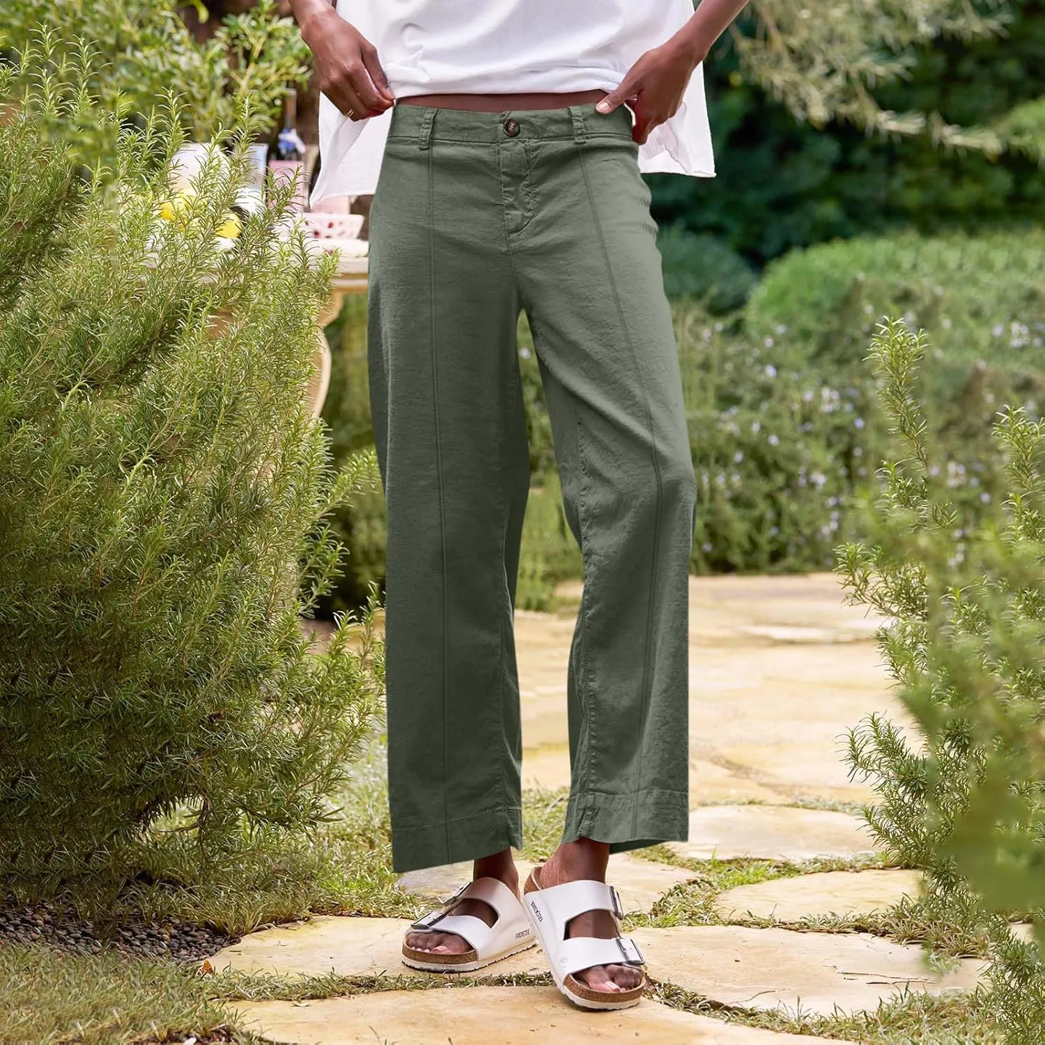 Cropped Linen Pants Women High Waisted Flare Wide Leg Capri Work Pants Business Casual Ankle Pants with Pockets