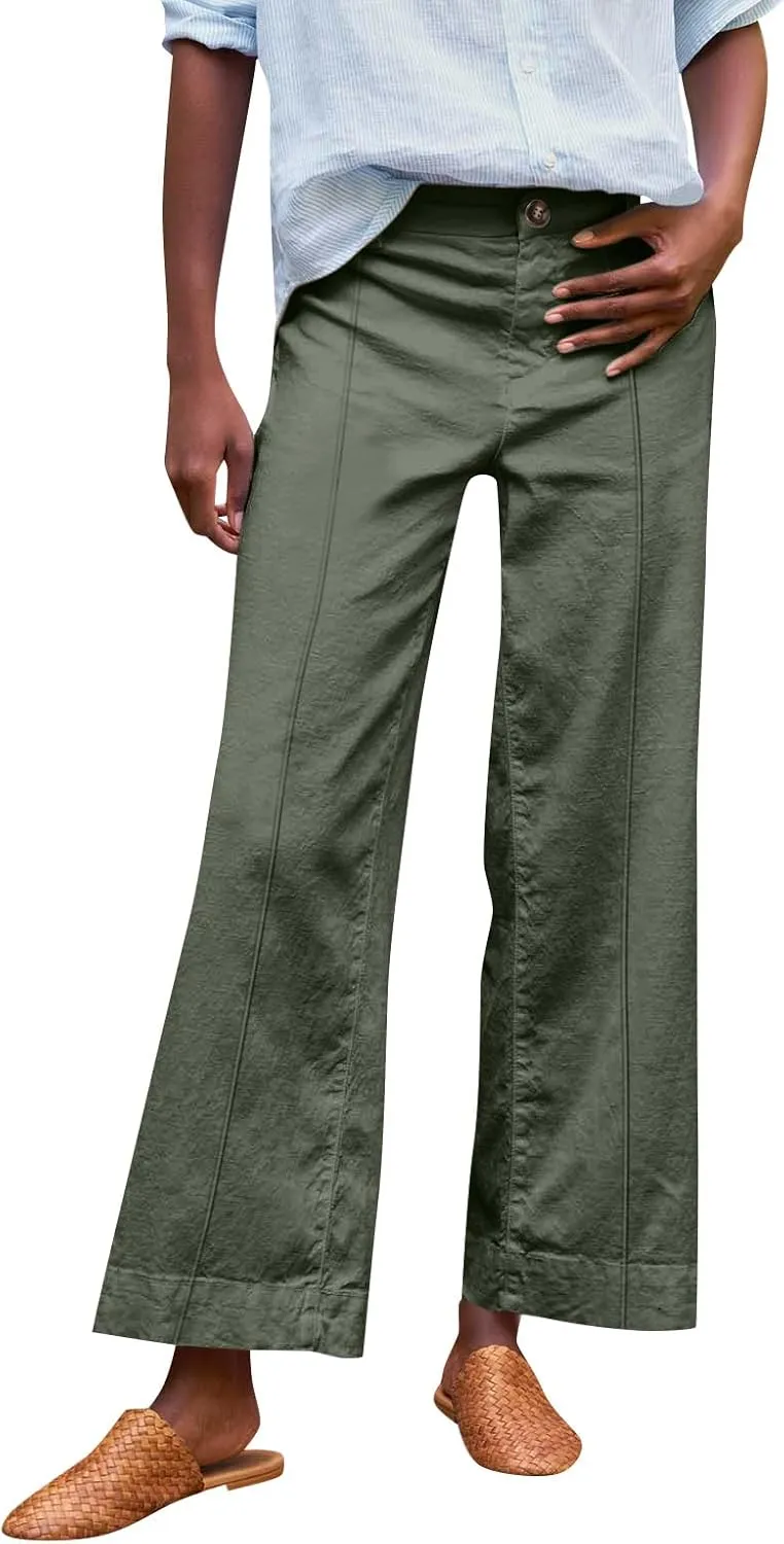 Cropped Linen Pants Women High Waisted Flare Wide Leg Capri Work Pants Business Casual Ankle Pants with Pockets