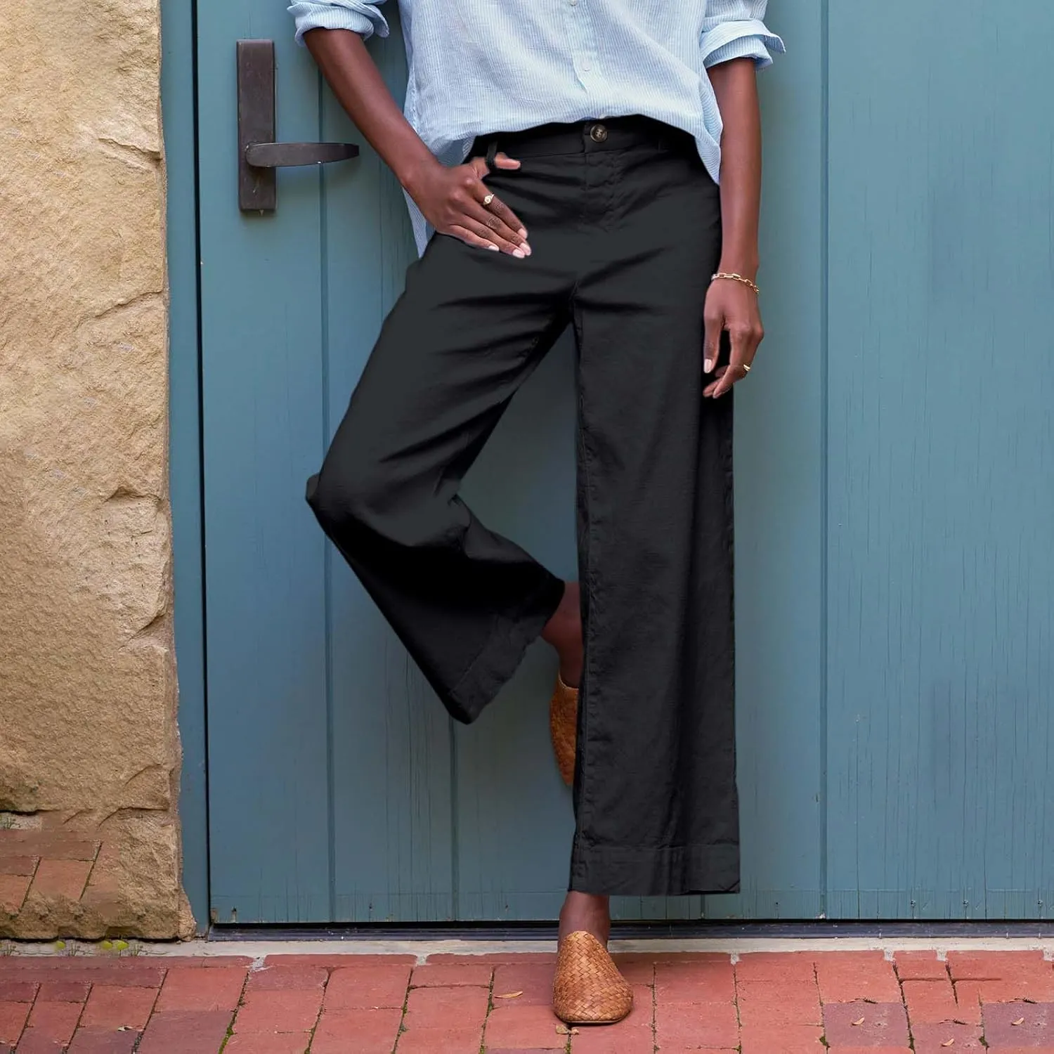 Cropped Linen Pants Women High Waisted Flare Wide Leg Capri Work Pants Business Casual Ankle Pants with Pockets