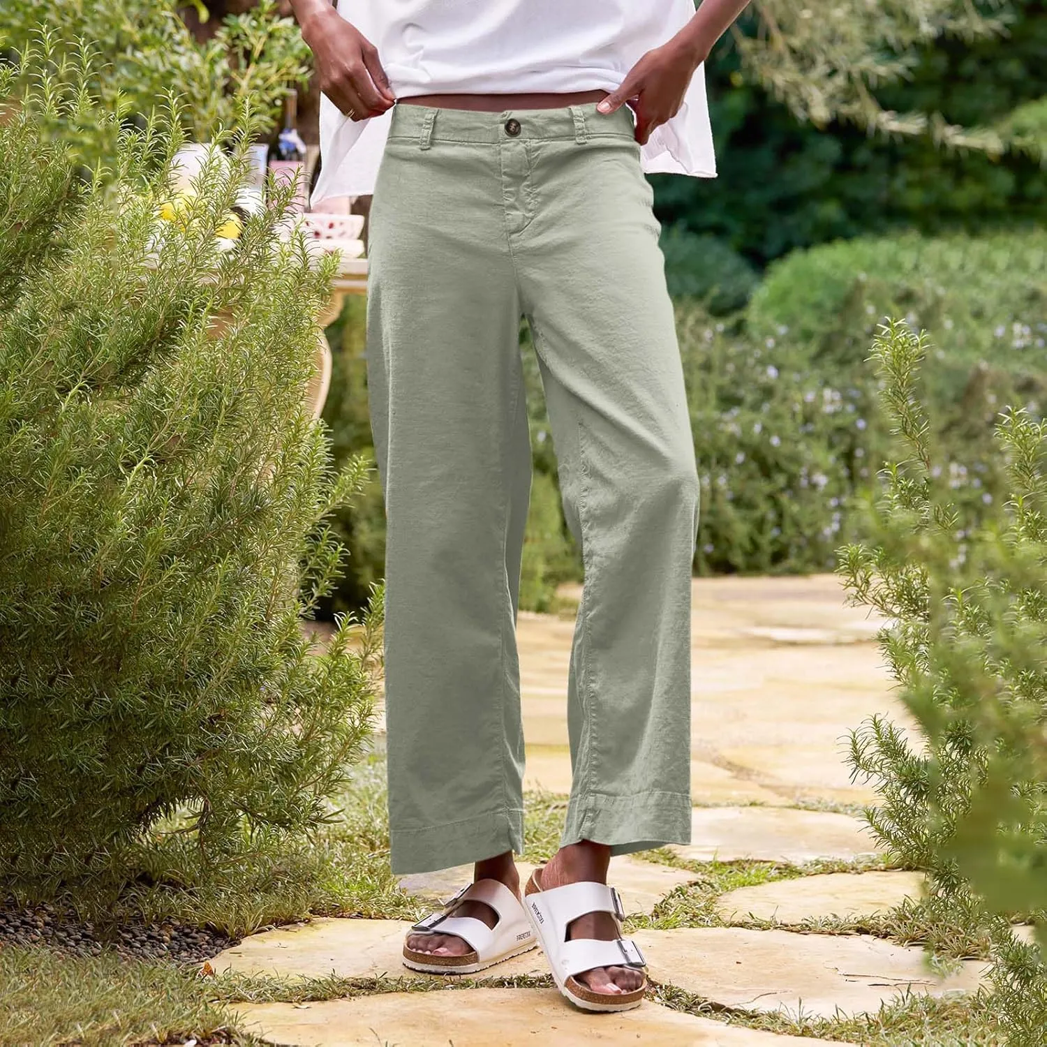 Cropped Linen Pants Women High Waisted Flare Wide Leg Capri Work Pants Business Casual Ankle Pants with Pockets