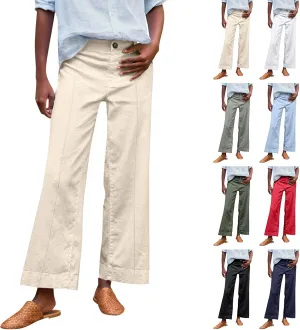 Cropped Linen Pants Women High Waisted Flare Wide Leg Capri Work Pants Business Casual Ankle Pants with Pockets