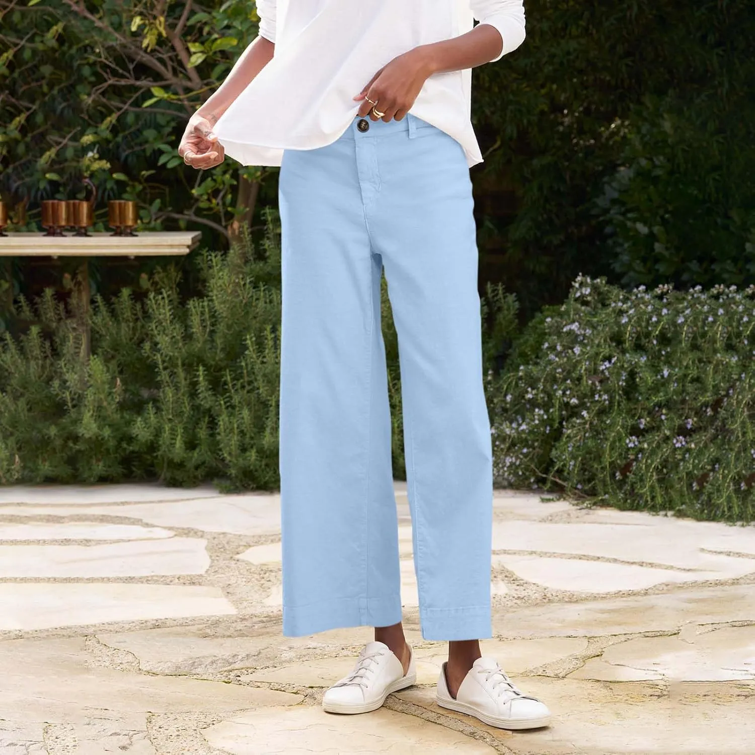 Cropped Linen Pants Women High Waisted Flare Wide Leg Capri Work Pants Business Casual Ankle Pants with Pockets
