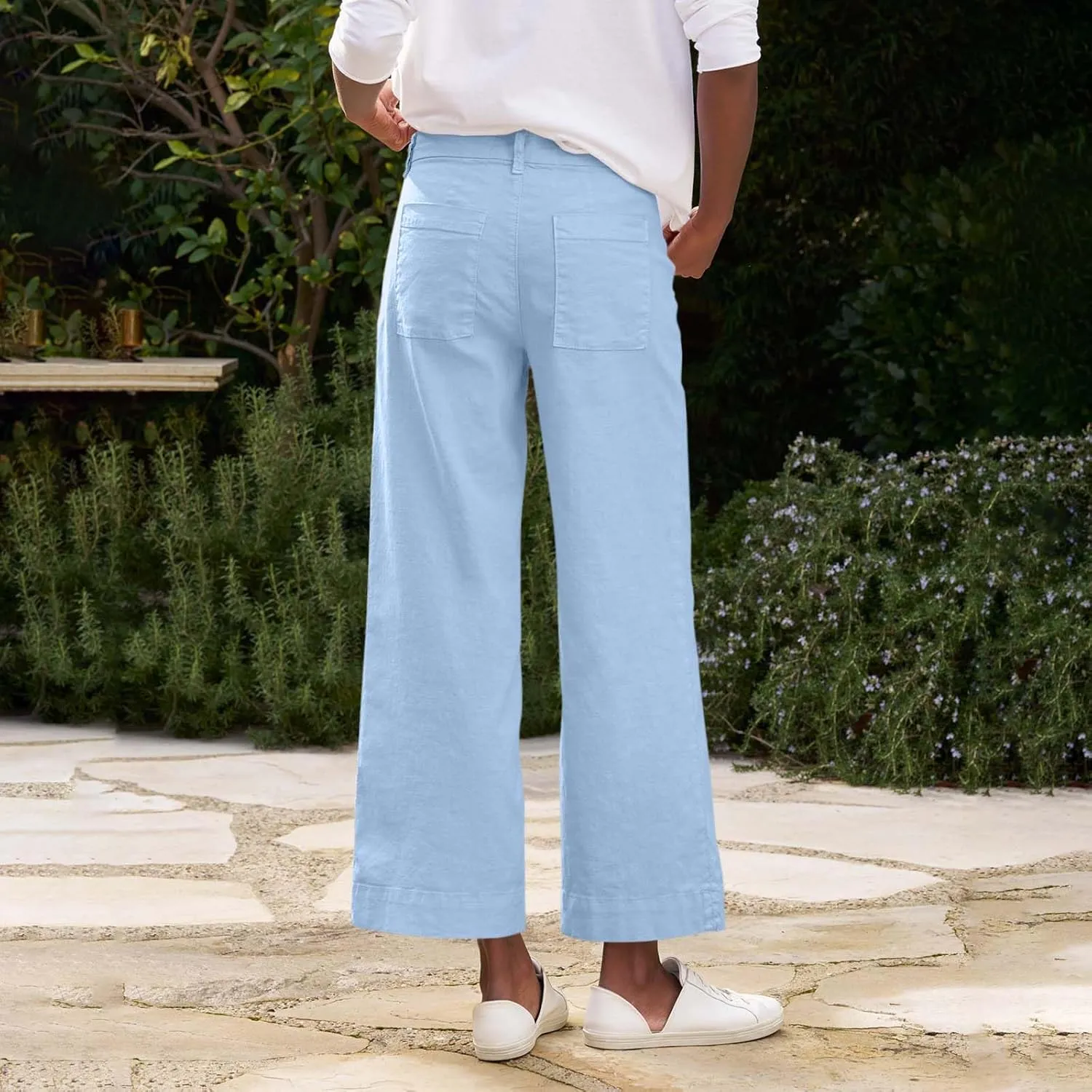 Cropped Linen Pants Women High Waisted Flare Wide Leg Capri Work Pants Business Casual Ankle Pants with Pockets