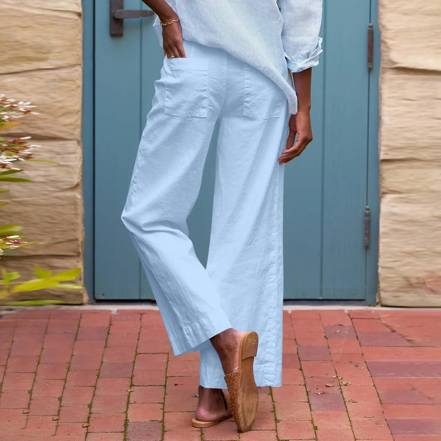Cropped Linen Pants Women High Waisted Flare Wide Leg Capri Work Pants Business Casual Ankle Pants with Pockets