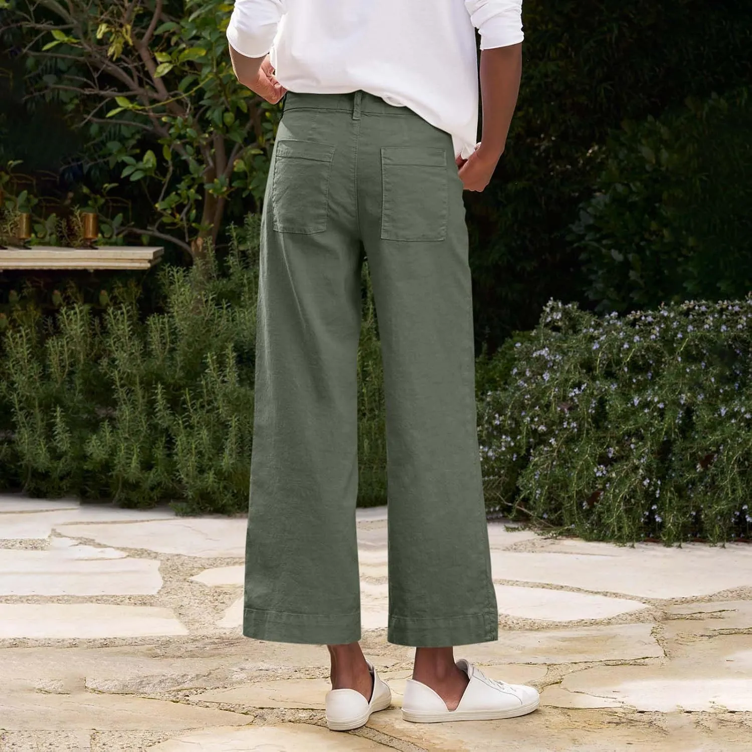 Cropped Linen Pants Women High Waisted Flare Wide Leg Capri Work Pants Business Casual Ankle Pants with Pockets