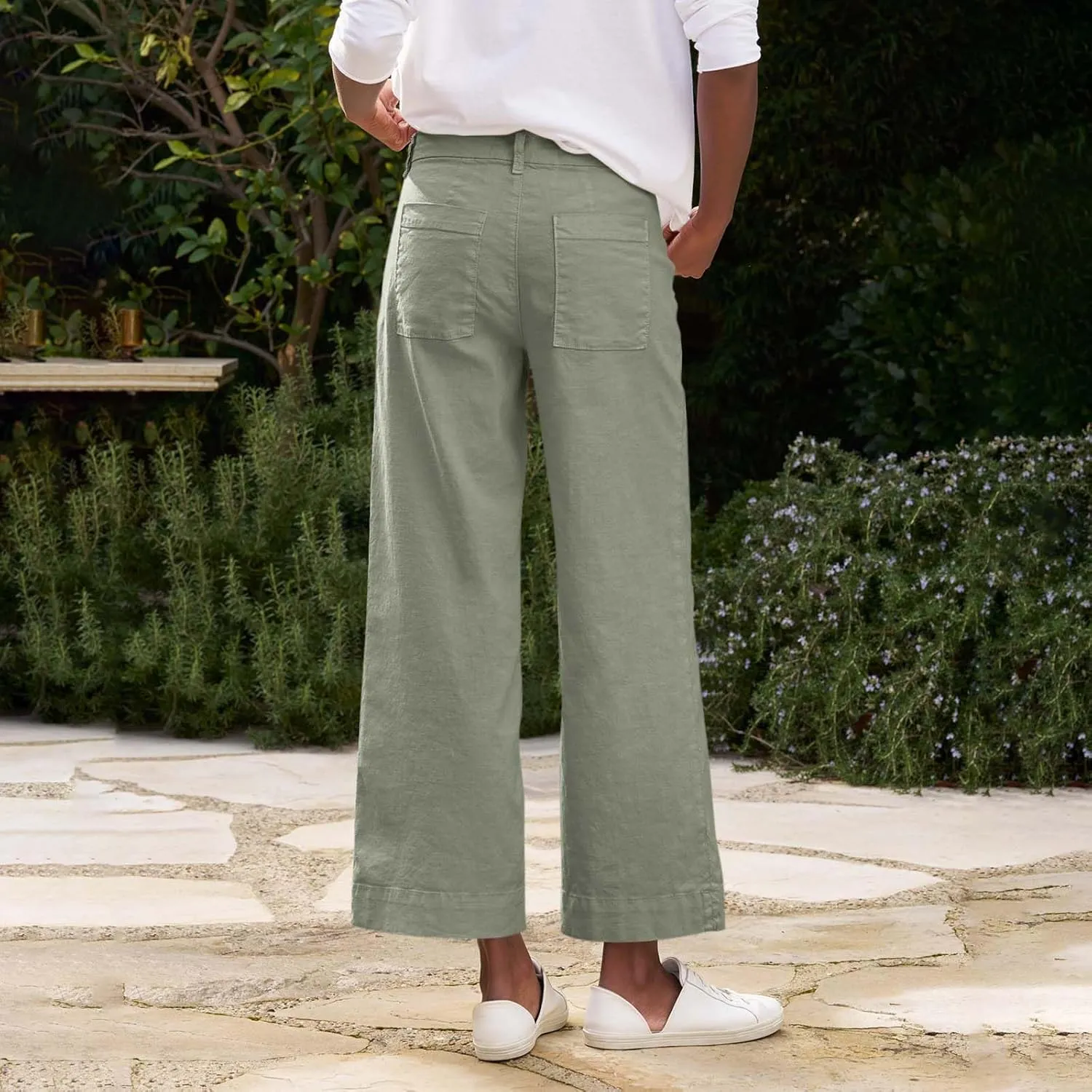 Cropped Linen Pants Women High Waisted Flare Wide Leg Capri Work Pants Business Casual Ankle Pants with Pockets