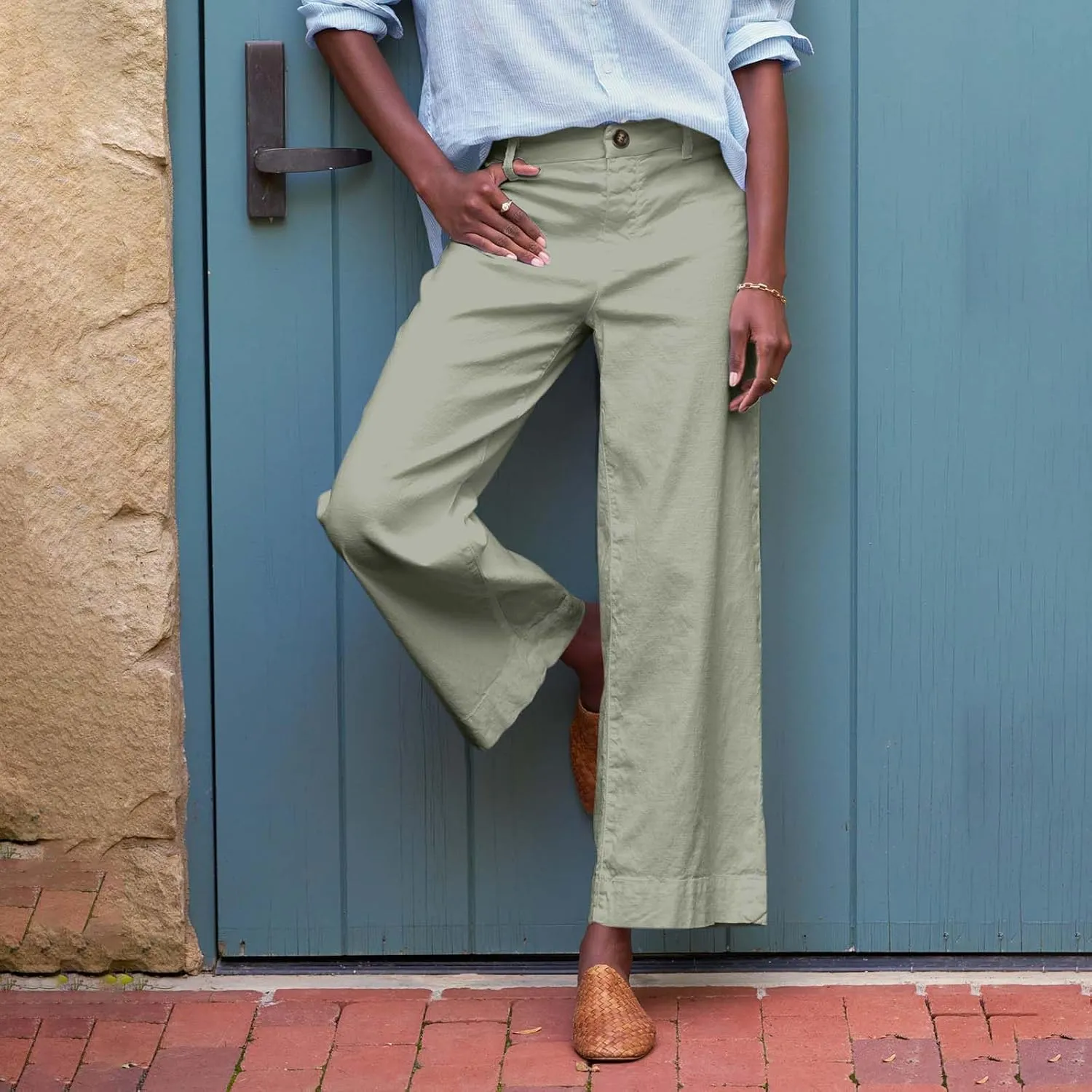 Cropped Linen Pants Women High Waisted Flare Wide Leg Capri Work Pants Business Casual Ankle Pants with Pockets
