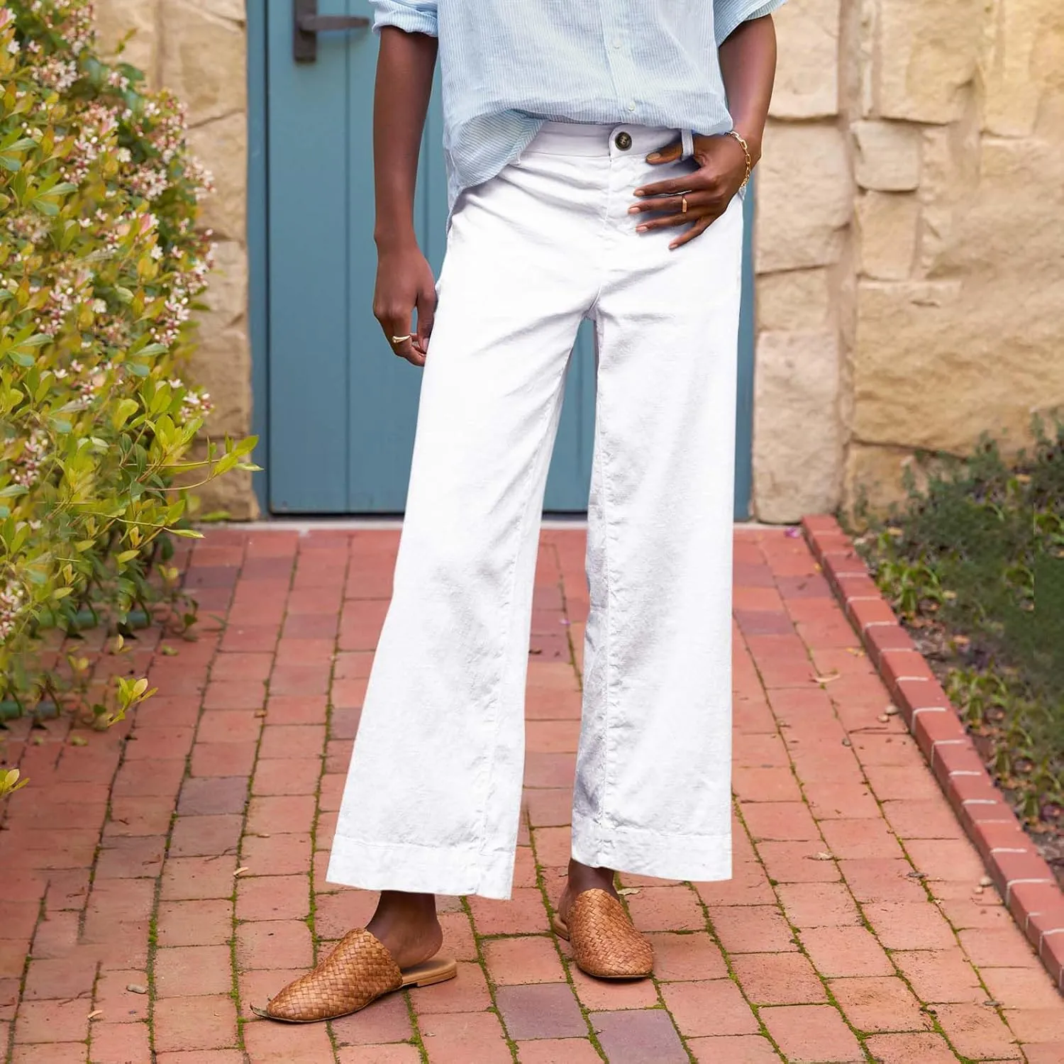 Cropped Linen Pants Women High Waisted Flare Wide Leg Capri Work Pants Business Casual Ankle Pants with Pockets