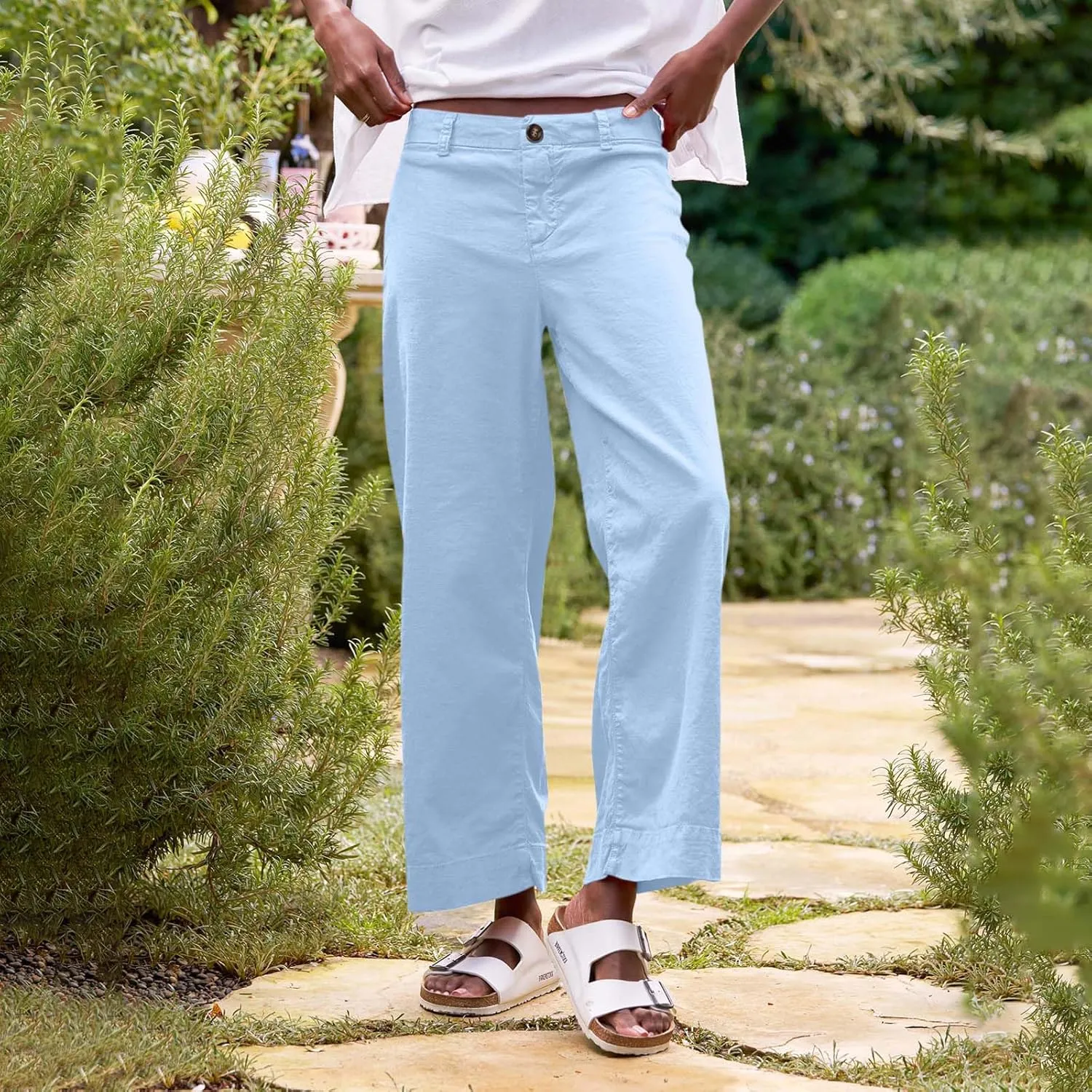 Cropped Linen Pants Women High Waisted Flare Wide Leg Capri Work Pants Business Casual Ankle Pants with Pockets