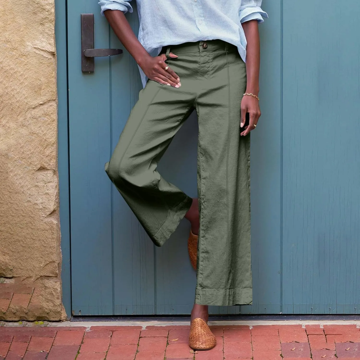 Cropped Linen Pants Women High Waisted Flare Wide Leg Capri Work Pants Business Casual Ankle Pants with Pockets