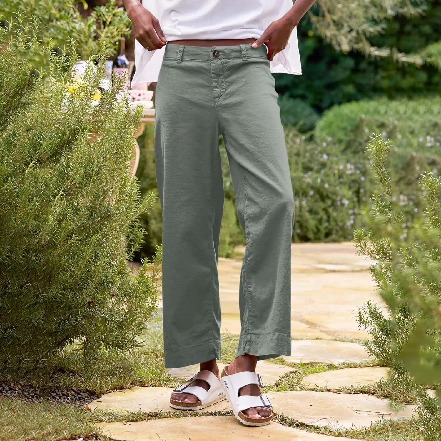 Cropped Linen Pants Women High Waisted Flare Wide Leg Capri Work Pants Business Casual Ankle Pants with Pockets