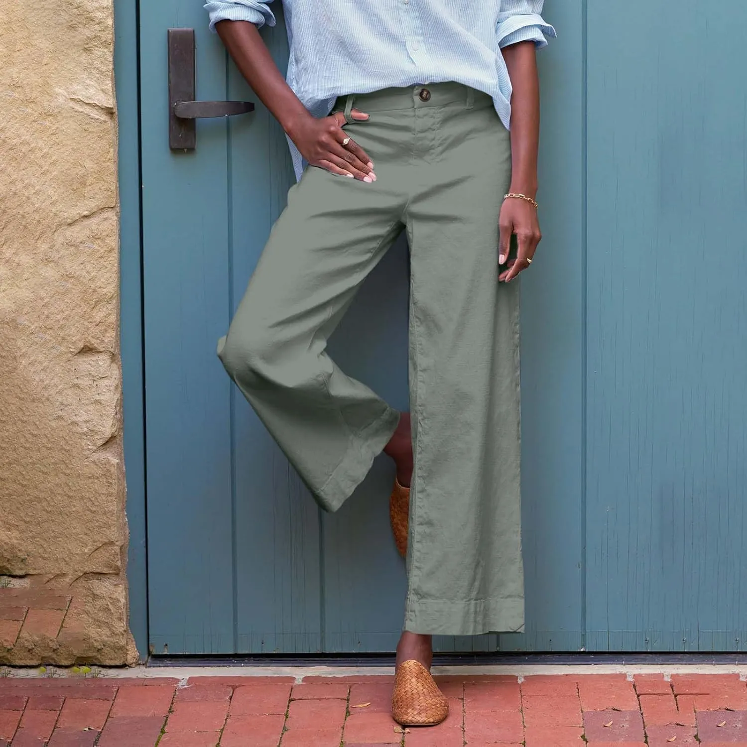 Cropped Linen Pants Women High Waisted Wide Leg Capri Work Pants Business Casual Ankle Pants with Pockets