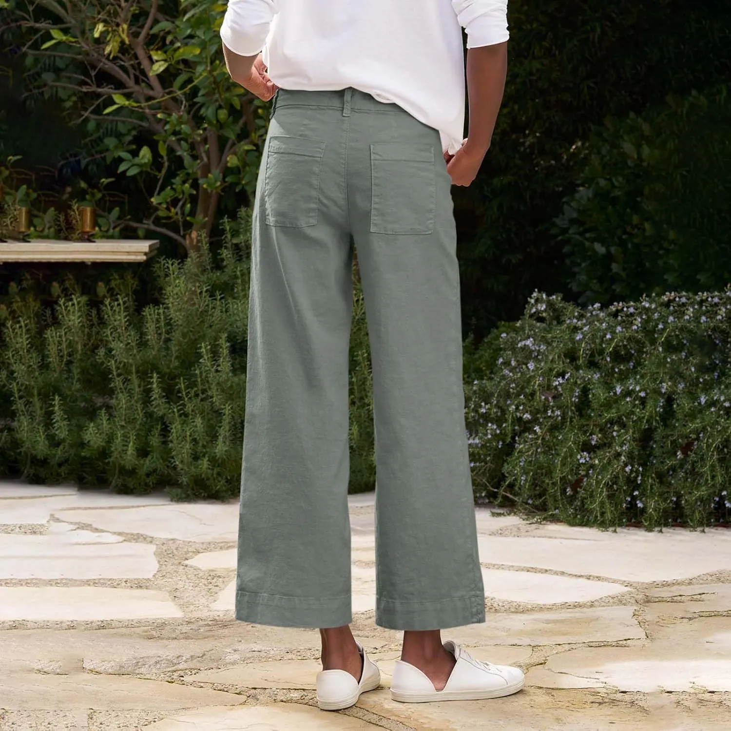 Cropped Linen Pants Women High Waisted Wide Leg Capri Work Pants Business Casual Ankle Pants with Pockets